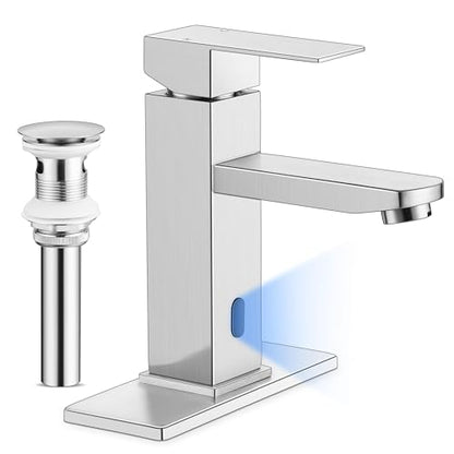 Herogo Touchless Bathroom Faucets Brushed Nickel Stainless Steel Automatic Motion Sensor Bathroom Faucet RV Bar Sink Faucet for 1-3 Hole Single-Handle with Pop Up Drain Stopper Water Supply Hoses - color: Brushed Nickel