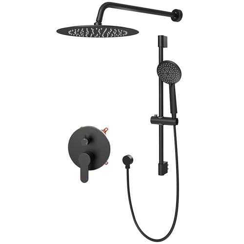 Gabrylly Shower System, Slide Bar Shower Faucet Set, 10", Matte Black | Rainfall Shower Head with 5-Setting Handheld Spray, Wall Mounted Shower Set Included 2-Way Shower Valve and Trim Kit - color: Matte Black, size: 10 Inch