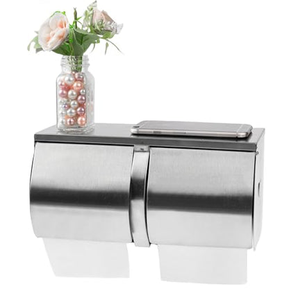 Desyeryamimi Double Roll Toilet Paper Holder Dispenser with Shelf Storage | Commercial 2-Roll Side by Side Stainless Steel Toilet tissue Holder/Dispenser Wall Mount for Bathroom/Restroom-Brushed Finish