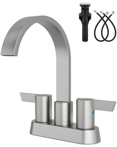 Brushed Nickel Bathroom Faucet,4 Inch Centerset 2-Handle Waterfall | Includes Pop-Up Drain,24-Inch Supply Lines,Mounting Hardware,SUS304 Stainless Steel Construction,And A 360° Swivel Spout - color: Brushed Nickel