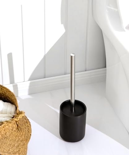 Ceramic Toilet Brush and Holder Set, Toilet Bowl Cleaner Brush | Freestanding Deep-Cleaning, Stainless Steel Handle, Small & Sturdy for Storage, Easy to Clean, Non-Scratching - color: Matt Black