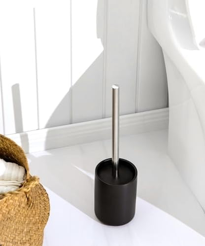 Ceramic Toilet Brush and Holder Set, Toilet Bowl Cleaner Brush | Freestanding Deep-Cleaning, Stainless Steel Handle, Small & Sturdy for Storage, Easy to Clean, Non-Scratching - color: Matt Black