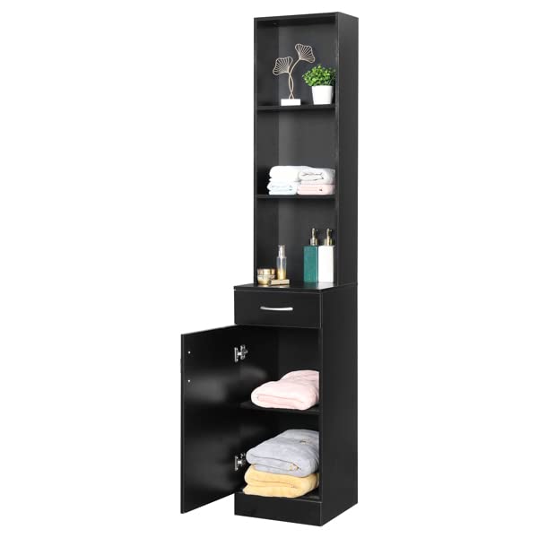 Bathroom Storage Cabinet MDF, Tall Narrow Floor Standing Tower Cabinet Organizer with Door and Open Shelves for Kitchen, Tall Linen Tower for Bathroom, Living Room, Laundry Room, Black 34 x 28 x 178CM