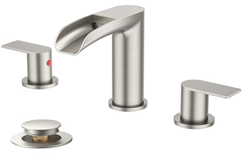 FORIOUS Bathroom Faucet 3 Hole Widespread Sink 8 Inch Brushed Nickel | 3-hole 6-12 Inch Widespread Sink, Waterfall Faucets, with Drain and Hoses,for Vanity Rv Commercial Lavatory Restroom Basin - color: Stainless Steel
