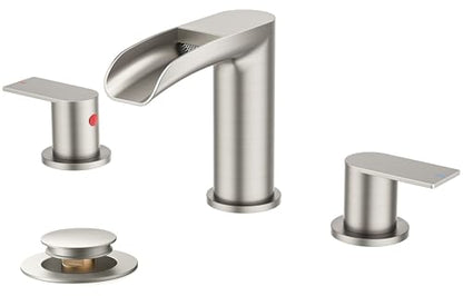 FORIOUS Bathroom Faucet 3 Hole Widespread Sink 8 Inch Brushed Nickel | 3-hole 6-12 Inch Widespread Sink, Waterfall Faucets, with Drain and Hoses,for Vanity Rv Commercial Lavatory Restroom Basin - color: Stainless Steel