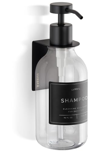 Shower Shampoo Dispenser Wall Mounted – Refillable 16.9 oz Clear Bottle with Stainless Steel Pump & No-Drill Adhesive Holder – Soap Dispenser for Bathroom (1 X Clear/Black) - color: 1 X Clear/Black