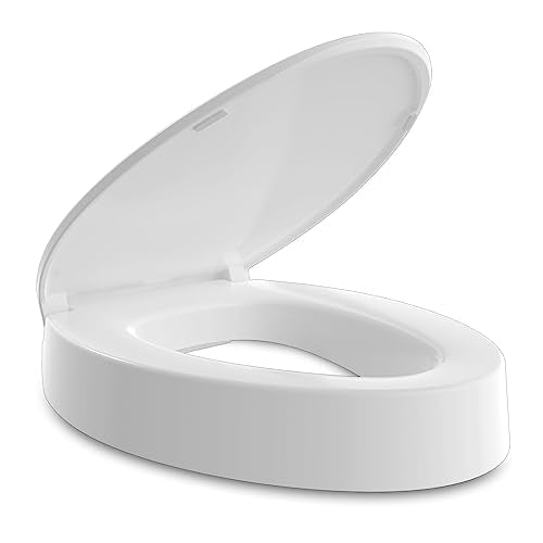 ELONGATED toilet seat risers for seniors, Slow Close, Elevated toilet seat, Heavy Duty, Never Loosen, Raised toilet seat elongated bowl, White(18.5”)