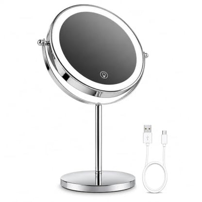 Ysenchan Lighted Makeup Mirror, 8'' Rechargable LED Vanity Magnifying Mirror, Double Sided 5X Manification Mirror with Stand, Cosmetic Standing Desk