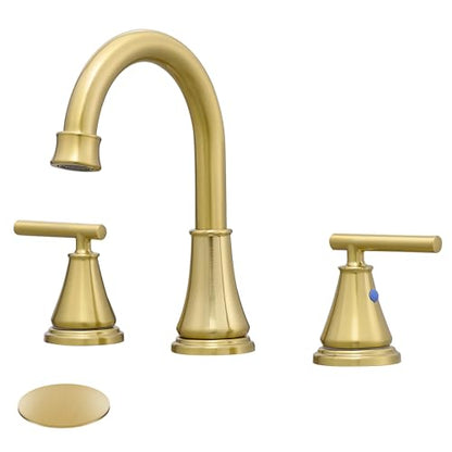 Widespread Bathroom Sink Faucet 3 Hole, Brushed Gold Bathroom Faucet with Metal Pop-Up Drain, 2 Handle for 6-16" RV Vanity Sink - color: Brushed Gold