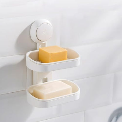 Sosoport Double-Layer Wall Mount Soap Holder with Suction Cups Non-Punching Plastic Soap Drain Box for Bathroom Shower Drainage Design