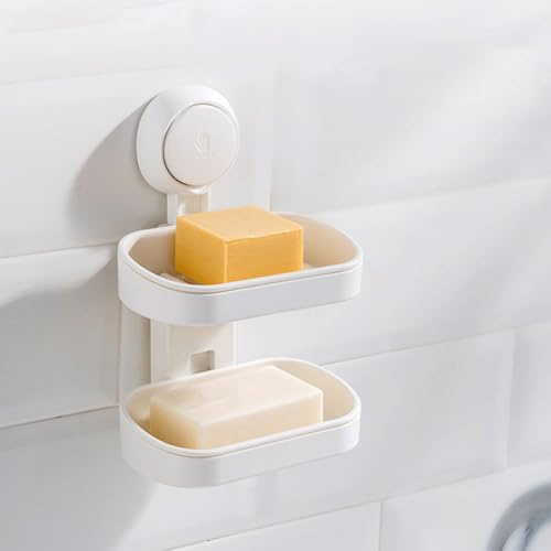 TOYANDONA Double Layer Wall Mount Soap Dish with Suction Cups, Detachable Plastic Soap Holder Rack for Bathroom Shower Drain Tray Organizer