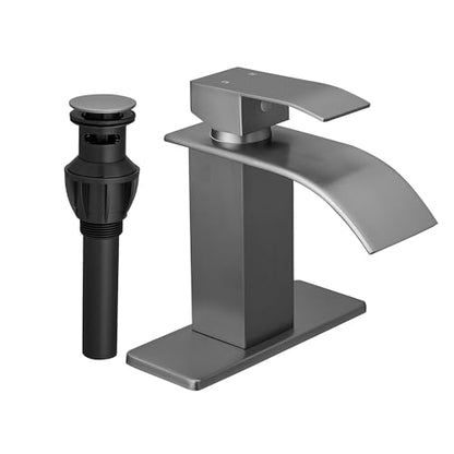 Waterfall Single Handle Bathroom Sink Faucet Grey | Vanity Faucet with Pop-up Drain, llaves para lavamanos de baño, Ceramic Valve, for 1 or 3 Hole Modern Bathrooms. - color: Gray