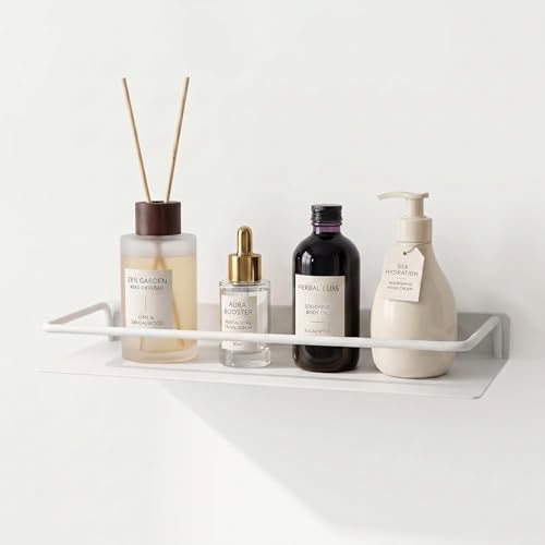 RFOUO 16 Inch Small Metal Wall Shelf with Guard Rail,White,1 Pack | Small Bathroom Shelf, Wall Mounted, Aluminum Floating Shelf, For Toothbrush Perfume Spice,Bathroom Bedroom Kitchen - color: White, size: 16Inch
