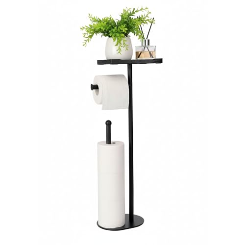 Free Standing Toilet Paper Holder Stand with Phone Shelf, Holds 5 Paper Rolls, Black Tissue Roll Holder for Bathroom, Sturdy Engough for Potted Plants