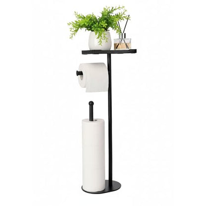 Free Standing Toilet Paper Holder Stand with Phone Shelf, Holds 5 Paper Rolls, Black Tissue Roll Holder for Bathroom, Sturdy Engough for Potted Plants