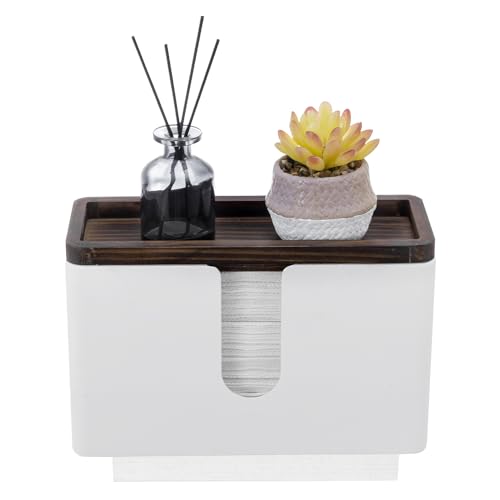 MyGift Deluxe Modern Matte White Metal Folded Commercial Paper Towel Holder with Rustic Burnt Solid Wood Tray Lid, Wall Mounted Trifold Multifold Z Fold Disposable Napkin Dispenser - color: White