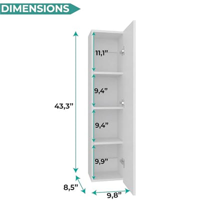 Tuhome Tall Wall Cabinet, 43.3" High Slim One Door Storage with Adjustable Shelves, White Wall Mounted Bathroom Wall Cabinet & Kitchen Wall Cabinet for Toiletries, Towels, Spices