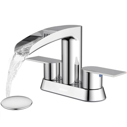 Bathroom Sink Faucet for 3 Hole, Hurran 4 Inch Bathroom Faucets with Pop-up Drain, Stainless Steel 2-Handle Waterfall Faucet for Bathroom Sink, Chrome - color: Chrome
