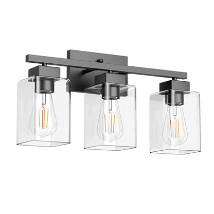 3-Light Bathroom Light Fixtures, Matte Black Modern Vanity Lights, Bathroom Lighting Fixtures Over Mirror, Square Design Farmhouse Wall Sconces with Clear Glass Shades - color: Matte Black, size: 3-Light