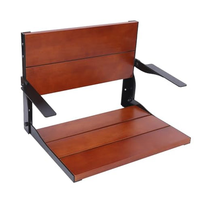 Folding Shower Seat Wall Mounted with Arms and Back, 20 x 15 in Fold Down Shower Chair for Seniors Adults, Wood Shower Bench with Black Frame, Fold Up Seat for Inside (20 * 15 INCH)