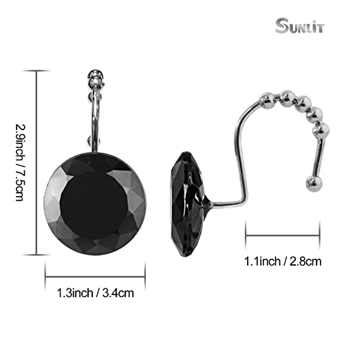 Sunlit Luxury Design Round Black Diamond Crystal Gem Bling with Glide Balls Shower Curtain Hooks, Rust Proof Metal Rhinestones Glam Shower Curtain Rings-12 Pack - color: Black