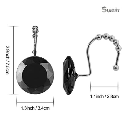 Sunlit Luxury Design Round Black Diamond Crystal Gem Bling with Glide Balls Shower Curtain Hooks, Rust Proof Metal Rhinestones Glam Shower Curtain Rings-12 Pack - color: Black