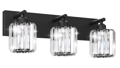 Black Crystal Bathroom Vanity Light, 3-Light Modern Bathroom Lighting Fixtures Over Mirror, Matte Black Wall Sconce Light Fixtures with Round Shade - color: Black-Round Shade, size: 3-LIGHT