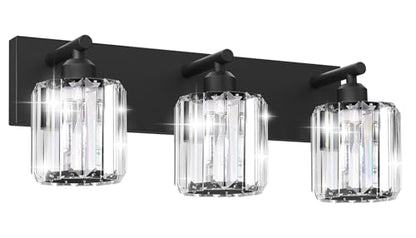 Black Crystal Bathroom Vanity Light, 3-Light Modern Bathroom Lighting Fixtures Over Mirror, Matte Black Wall Sconce Light Fixtures with Round Shade - color: Black-Round Shade, size: 3-LIGHT