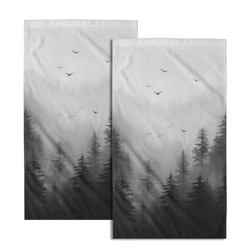 Giwawa Black Misty Forest Hand Towels Set of 2 Mountain Woodland Soft Absorbent Face Bath Towel Dish Towel Bathroom Kitchen Towel Decor Gift - color: Black Misty Forest