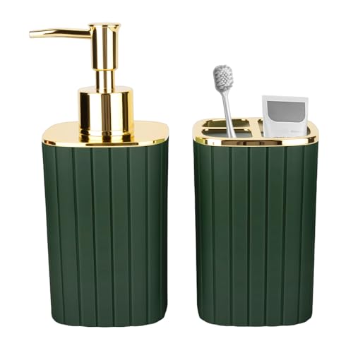 RRM Bathroom Soap Dispenser and Toothbrush Holder Set, Dark Green | 2 Piece Bathroom Accessories Set for Bathroom Countertop Storage and Housewarming Gifts - color: Dark Green, size: 2Pcs