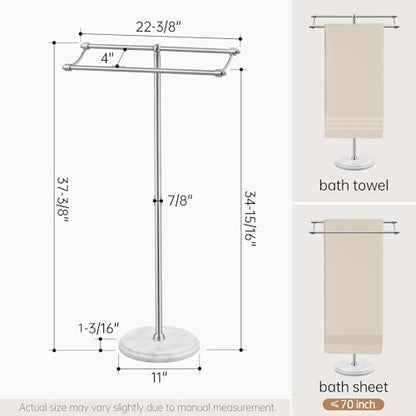 KES Anti Wobble Free Standing Towel Rack with 3X Thick Weighted Marble Base | 2-Tier Towel Rack Stand for Bathroom Floor, Rustproof 18/8 Stainless Steel, Antique Brushed Steel, Anti-Slip Pads Included - color: Brushed Steel