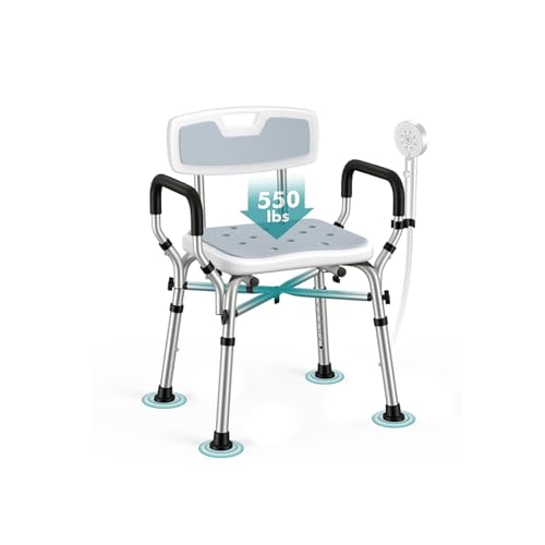 VFAUOSIT Shower Chair with Removable Arms and Back, 550 lb Adjustable Seat | Dual X-Brace Support, Non-Slip Feet, 12 Quick-Drain Holes, Tool-Free Assembly, Wide EVA Cushion, Rust-Resistant Frame - color: Gray