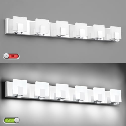 SOLFART Vanity Lighting Fixtures Stainless Steel Acrylic Chrome Vanity Lights Modern LED 6 Lights Bathroom Light - color: Chrome,Spotlight Model-6000K,100% Brightness, size: 6- Light,41Inch