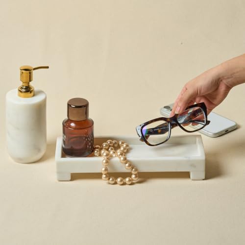 Banswara White Marble Vanity Tray - 11×4 Inch | Marble Tray for Bathroom, Perfume, Jewellery & Dressing | Trinket Tray, Bathroom Tray for Toiletries | Anti-Slip | Handmade in India