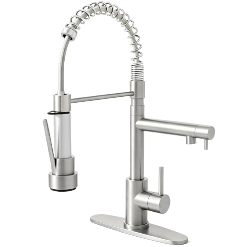 Wicibim Brushed Nickel Kitchen Faucet with Pull Down Sprayer, 2-Spouts | Stainless Steel Commercial Spring Disign, Spray Lock, Single Handle,1 or 3 Hole Installation with Deck Pate,For Laundry, RV - color: Brushed Nickel