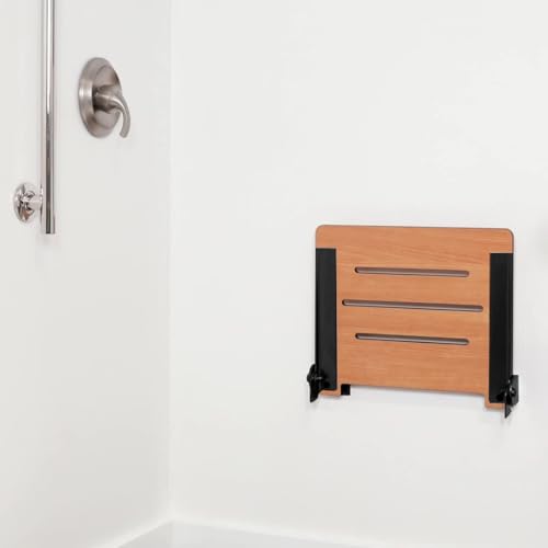 Seachrome 18 inch Silhouette Slimline Folding Wall Mount Shower Bench Seat, Rustic Teak Seat with Matte Black Frame - color: Rustic Teak Seat With Matte Black Frame