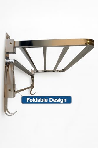 Crome Finished Foldable Towel Rack with Hooks – Wall Mounted Stainless Steel Double dacker Bathroom Shelf for Towels, Bathrobes & Storage | Rust-Resistant, Space-Saving Design for Modern Bathrooms - color: Crome Finish