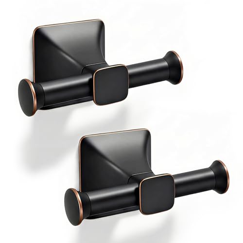 Towel Hooks for Bathrooms,Matte Black Towel Hook Kitchen Bathroom Double Towels Racks,Heavy Duty Stainless Steel Coat Wall Mount Hook,Double Robe Hooks for Clothes, Towels,Caps,2Pack - color: Black with Bronze Border