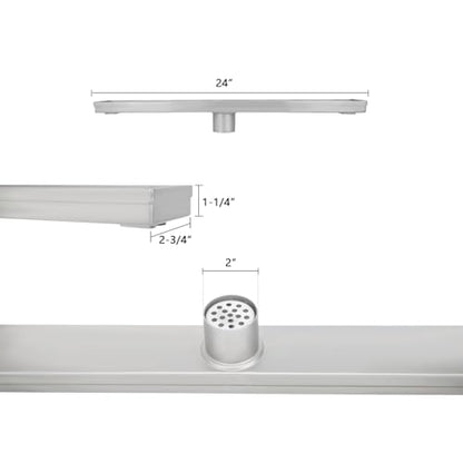 24 Inch Tile Insert Linear Shower Drain with Leveling Feet and Rubber Gasket 2" Outlet Plastic ABS Flange and Hair Strainer - Removable Brushed SS304 Grate - Fit 2" or 3" Pipe