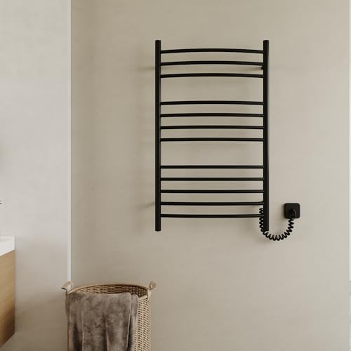 12-Bar Curved Towel Warmer, Heated Towel Rack with Timer, Black | 12 Curved Heating Bars, Timer And Temperature Control, 160W Power, Wall-Mounted Design, Plug-In Or Hardwired Installation - color: Matte Black