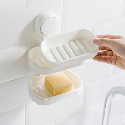 Double Layer Suction Cup Soap Dish Holder with Drainage for Bathroom Wall Mount, Detachable Soap Box Tray Suitable for Shower and Toilet Use