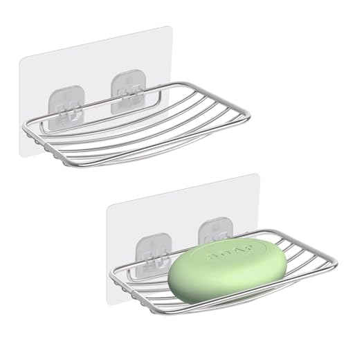 Uten Soap Dish Holder, 304 Rustproof Stainless Steel, No Drilling, Oval Wall Mounted Soap Holder Soap Tray Bar Soap Sponge Holder for Bathroom & Kitchen(Pack 2) - color: Light Sliver / Elliptic, size: 2 Pack