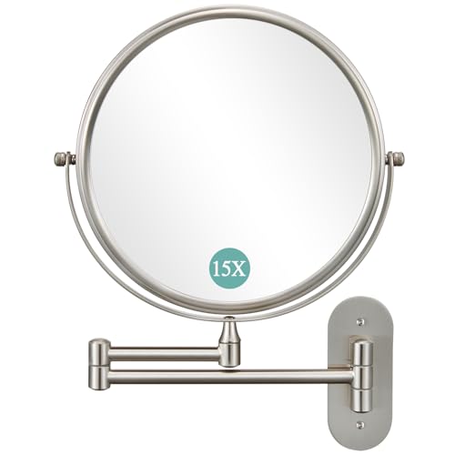 DECLUTTR 9 Inch Wall Mounted Makeup Mirror, 15X Magnification Double Sided Swivel Extendable Bathroom Mirror - color: Brushed Nickel