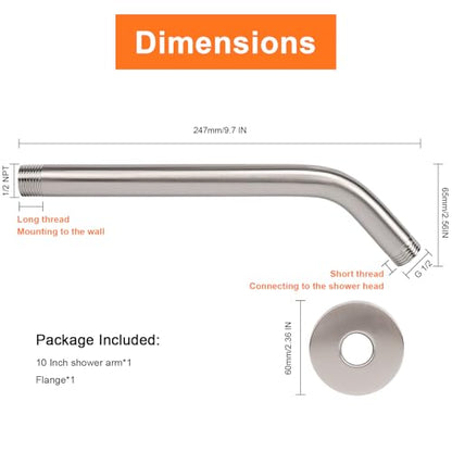 Shower Arm with Flange and Teflon Tape, Wall Mounted Shower Pipe 304 Stainless Steel Extension Arm for Fixed Shower Head & Handheld (10 Inch, Brushed Nickel) - color: Brushed Nickel, style: 10 Inch