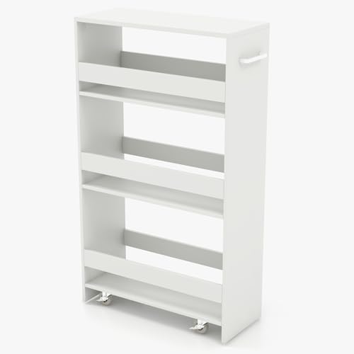 POWERSTONE 4-Tier Slim Storage Cart, Narrow Kitchen Rolling Cart w/Handle & Open Shelves, Skinny Slide Out Utility Organizer Trolley for Kitchen Bathroom Laundry Small Spaces White - color: White