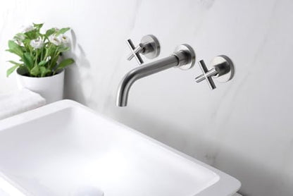 SUMERAIN Wall Mount Bathroom Sink Faucet, Brushed Nickel | Dual Cross Handles, Rough-in Valve Included, 360°Swivel Spout - color: Brushed Nickel