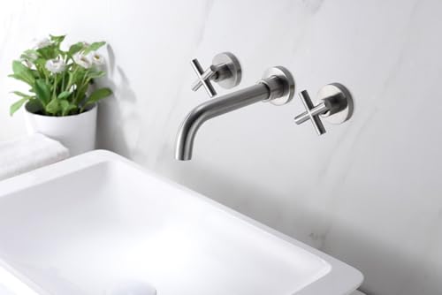 SUMERAIN Wall Mount Bathroom Sink Faucet, Brushed Nickel | Dual Cross Handles, Rough-in Valve Included, 360°Swivel Spout - color: Brushed Nickel