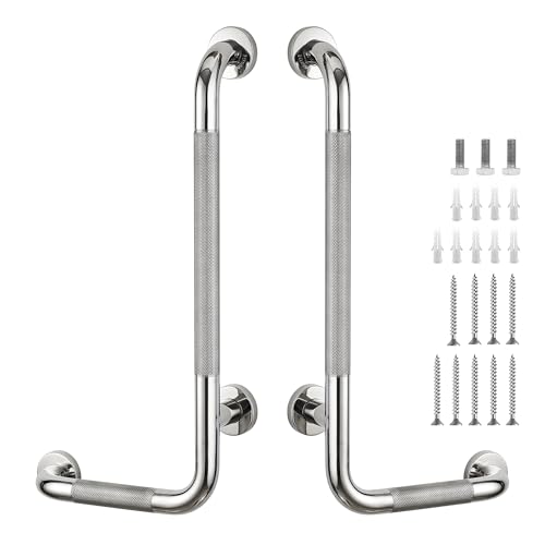 L-Shaped Grab Bars for Shower, 24 x 12 Inch, Stainless Steel, Right&Left | Grab Bars for Bathroom; Diamond-Knurled Anti-Slip Grip; Wall-Mounted Safety Rail for Seniors; Mounting Hardware Included - size: Left & Right