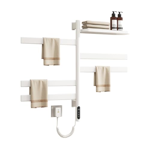 Swivel Heated Towel Rack with Shelf,Rotating Electric Towel Warmer Rack Wall Mounted with Timer,Heated Towel Warmer for Bathroom with Swing Arm,5 Bars,Plug in & Hardwired,White - color: White