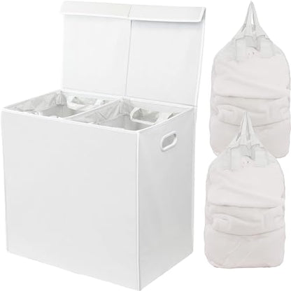Simple Houseware Double Laundry Hamper with Lid & Removable Bags, White | Heavy Duty 600D Polyester, Water-Resistant Surface - color: White